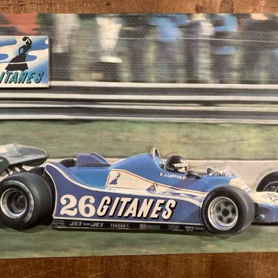 Affiche publicitaire en couleurs Formule 1 Ligier n°26 aux c…