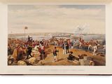 an old painting of a group of men standing on top of a beach