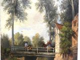 tableau représentant deux personnes sur un pont enjambant une rivière, avec un cheval et une calèche