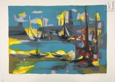 a painting of sailboats on the water in a harbor