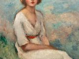 tableau représentant une femme en robe blanche assise sur une colline