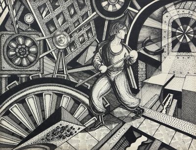 a drawing of a man standing in front of a spinning wheel