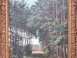 an oil painting of a path in the woods with trees