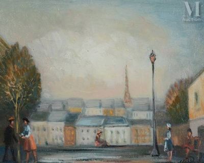 a painting of people walking down the street in the rain