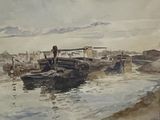 a painting of a man standing on a boat in the water