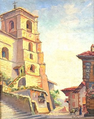 a painting of a building with a clock tower in the background