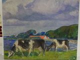 painting of two cows grazing in a field near a body of water