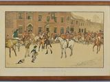 tableau représentant un groupe d'hommes à cheval devant un bâtiment