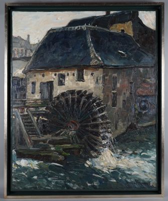 an oil painting of a water wheel in front of a building