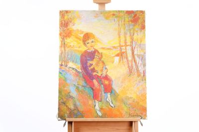 a painting of a woman sitting on top of a easel