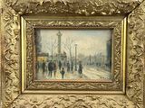 painting of people walking down a snowy street in a city