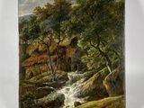 un tableau représentant un ruisseau traversant une forêt, avec une maison en arrière-plan