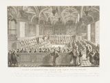 an old drawing of a large room full of people in formal attire