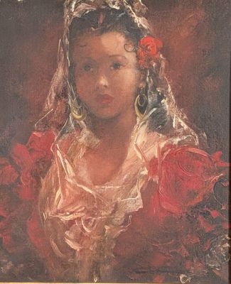 portrait of a young girl in a red dress with roses in her hair
