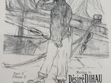 a black and white drawing of a man standing on a boat
