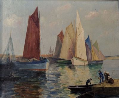 une peinture représentant un groupe de voiliers sur l'eau