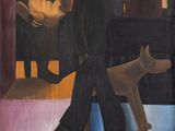 tableau représentant un homme promenant son chien devant une femme et un homme assis sur un canapé