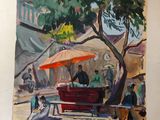 an oil painting of a street scene with people sitting under an umbrella