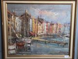une peinture à l'huile d'une scène portuaire avec des bateaux dans l'eau