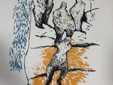 an image of a drawing of three birds perched on a tree branch