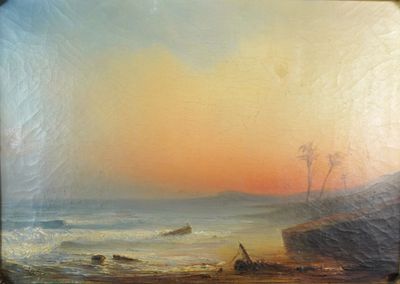 une peinture à l'huile représentant un coucher de soleil sur une plage, avec un bateau dans l'eau
