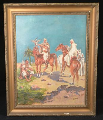 une peinture à l'huile représentant un groupe d'hommes à cheval sur un chemin de terre