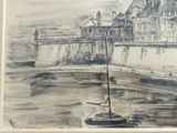drawing of a sailboat in front of a castle on a river