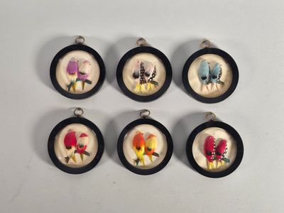 six oiseaux différents dans un cadre noir sur fond blanc