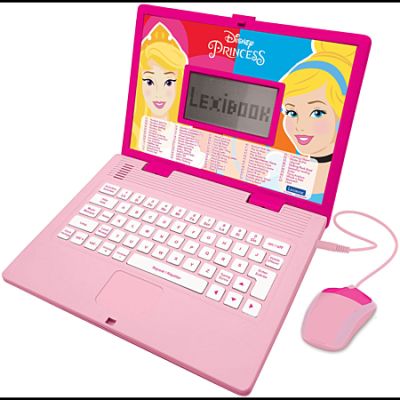 pink laptop with a barbie doll on the screen and a mouse in front of it