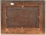 an old wooden picture frame on a white background with a tag on it