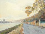 painting of a painting of a road by the water with a boat in the distance