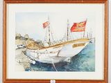 a picture of a painting of a boat in the water
