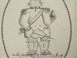 an old drawing of a man in a coat and hat holding a pipe