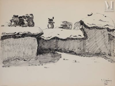 dessin représentant un homme debout au sommet d'une colline enneigée, à côté d'un bâtiment
