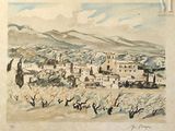 tableau représentant un village de montagne, avec des arbres et des montagnes en arrière-plan