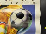 a poster of a soccer player kicking a soccer ball
