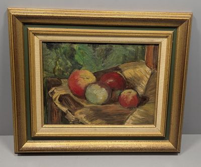 tableau représentant des pommes dans une corbeille posée sur une table près d'une fenêtre