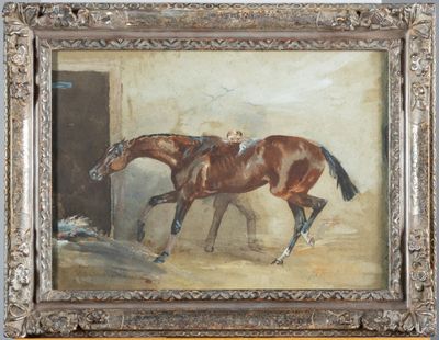 tableau représentant un cheval dans une écurie, avec un chien en arrière-plan