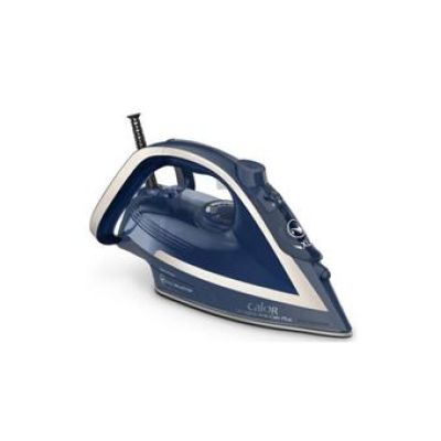 gros plan d'un fer à vapeur bleu et blanc sur une surface blanche
