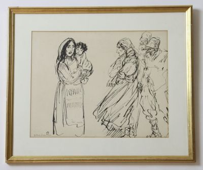 un dessin en noir et blanc représentant une femme tenant un enfant dans ses bras