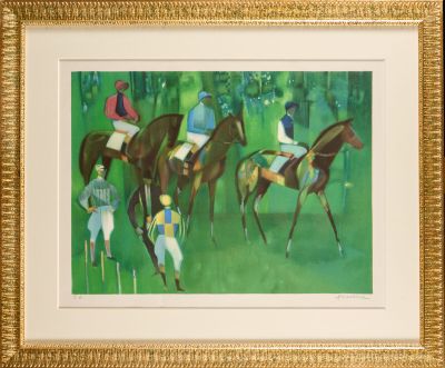 painting of a group of jockeys and horses in a green field