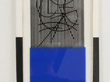 a blue and white painting with black lines on a white wall