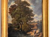 an oil painting of a man and a woman sitting under a tree
