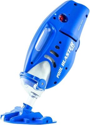 a close up of a blue and white vacuum cleaner on a white background