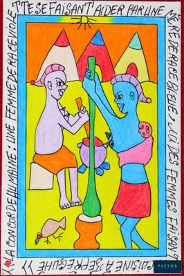 tableau représentant un homme et une femme jouant avec un chat