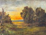 painting of a sunset over a field with trees in the foreground