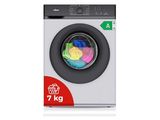 une machine à laver blanche avec un autocollant coloré sur le devant