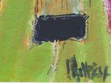 a painting of two black windows on a green wall