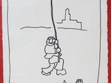 dessin représentant un homme suspendu à une corde, avec une pancarte au-dessus de sa tête