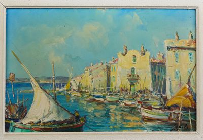 une peinture de bateaux dans un port avec des bâtiments à l'arrière-plan